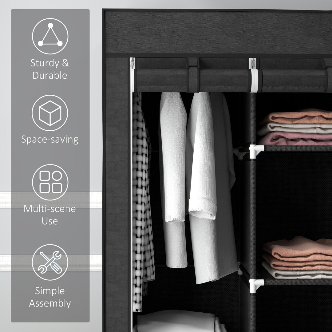 Fabric Wardrobe, with Rails and Shelves - Black