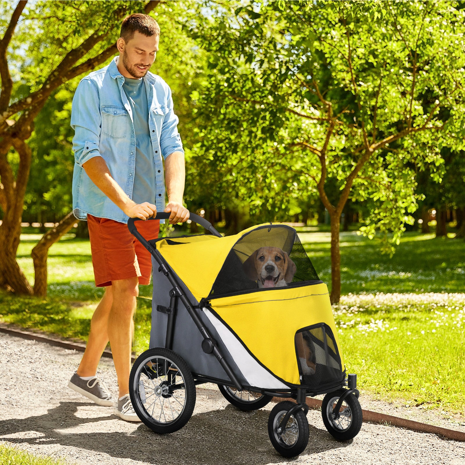 Foldable Pet Stroller, with Washable Cushion, Storage Bags, Safety Leash, for Medium, Large Dogs, Cats - Yellow