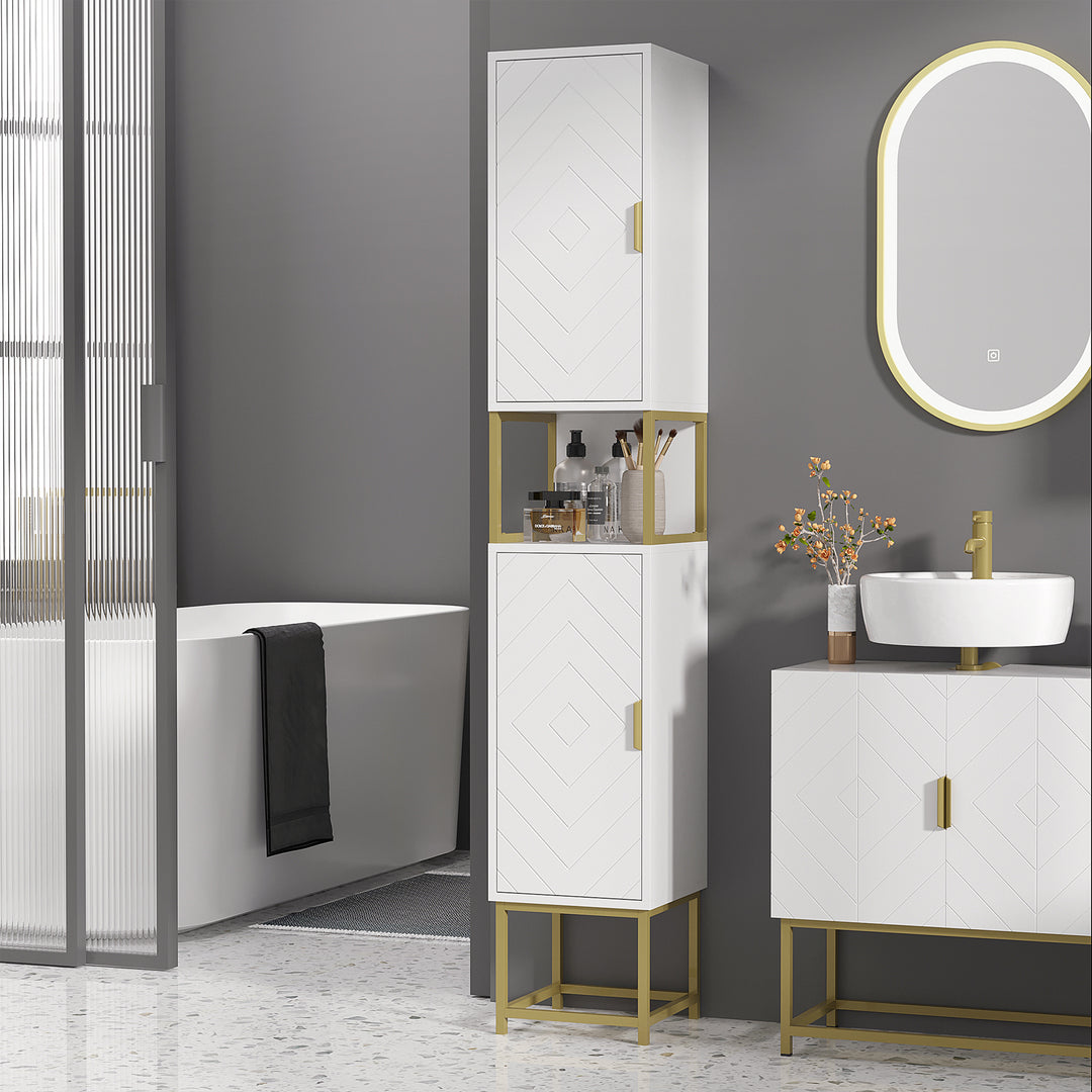 Narrow Bathroom Storage Cabinet, Freestanding Tallboy Storage Unit with Adjustable Shelf, 2 Doors and Steel Base, Slim Corner Organizer, White