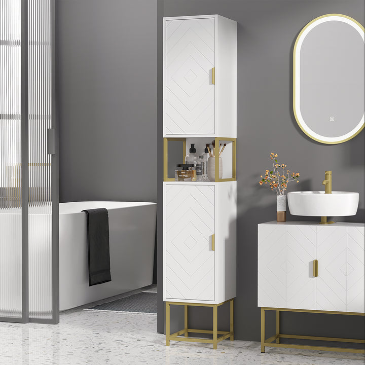 Narrow Bathroom Storage Cabinet, Freestanding Tallboy Storage Unit with Adjustable Shelf, 2 Doors and Steel Base, Slim Corner Organizer, White