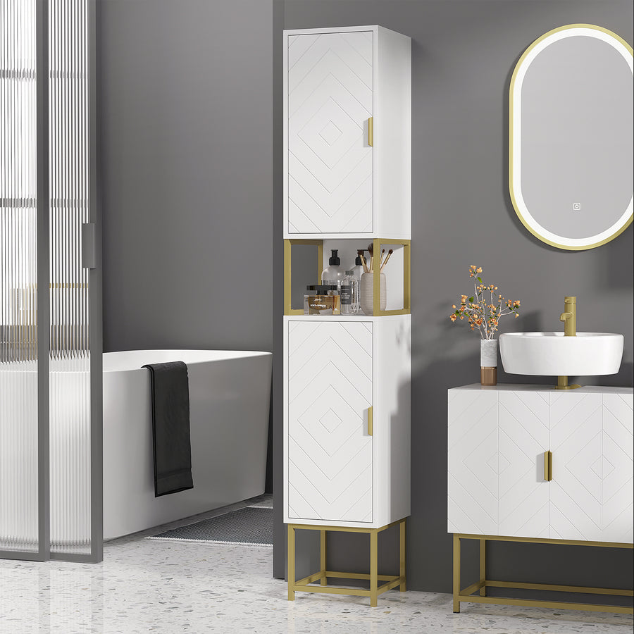 Narrow Bathroom Storage Cabinet, Freestanding Tallboy Storage Unit with Adjustable Shelf, 2 Doors and Steel Base, Slim Corner Organizer, White