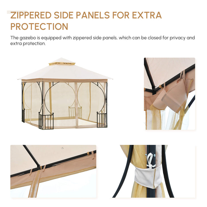 MCL 3 x 3(m) Garden Gazebo Patio Party Tent Shelter Outdoor Canopy Double Tier Sun Shade Metal Frame Netting, Beige