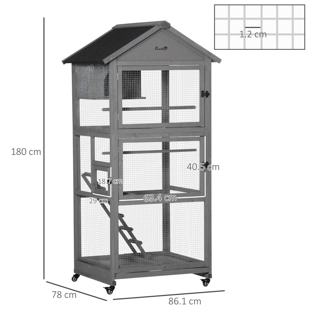 Bird Cage budgie cage Wooden Outdoor Aviary with Wheels for Canary Finch with Asphalt Roof Perch Nest Ladder Slide-out Tray, Grey