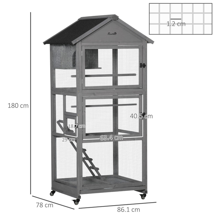 Bird Cage budgie cage Wooden Outdoor Aviary with Wheels for Canary Finch with Asphalt Roof Perch Nest Ladder Slide-out Tray, Grey