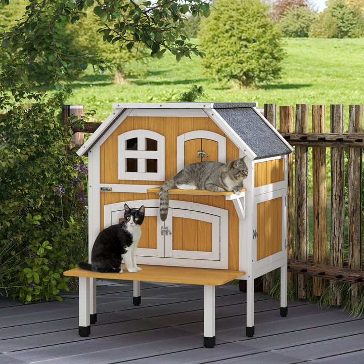 PawHut Outdoor Cat Shelter 2 Tiers Wooden Feral Cat House with Openable Asphalt Roof, Escape Doors, Terrace, for 1-2 Cats | Aosom UK