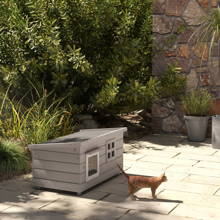 Wooden Outdoor Cat House, Elevated Cat Shelter Kennel, Pet Play House with Openable Top, Asphalt Roof, Window, Grey