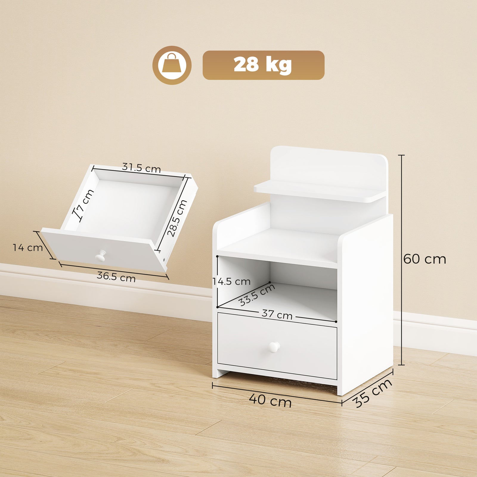 Bedside Cabinet, Bedside Table with Drawer and Shelf for Living Room, 