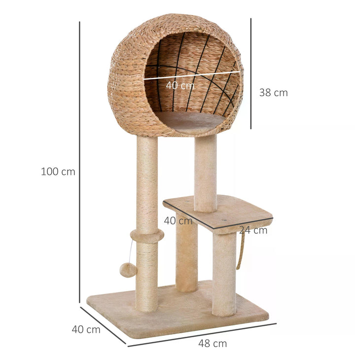 PawHut Cat tree Cat Tower 100cm Climbing Activity Center with Sisal Scratching Post Condo Perch Hanging Balls Teasing Rope Toy Cushion | Aosom UK