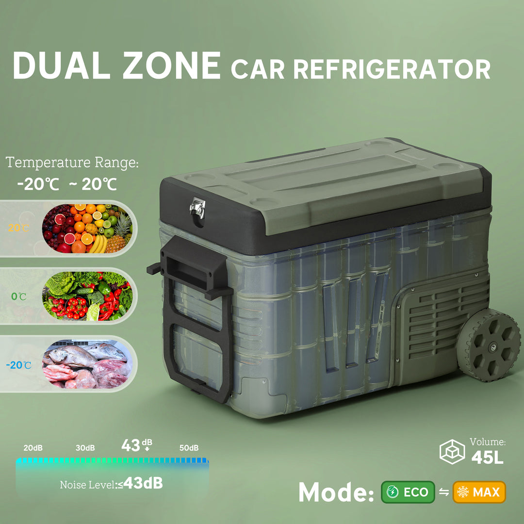 33L Camping Fridge Freezer Dual Zone, Portable Car Fridge 12V/24V DC & 100-240V AC, Electric Cool Box -20℃-20℃ with Wheels and LED Light, for Travel, RV, Road Trip, Picnic [Energy Class E]