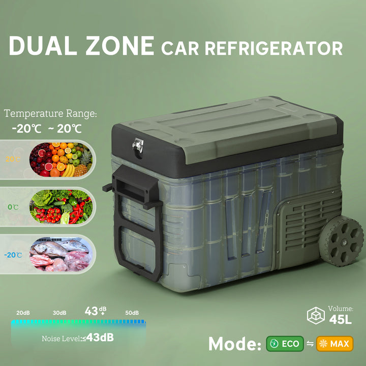 33L Camping Fridge Freezer Dual Zone, Portable Car Fridge 12V/24V DC & 100-240V AC, Electric Cool Box -20℃-20℃ with Wheels and LED Light, for Travel, RV, Road Trip, Picnic [Energy Class E]