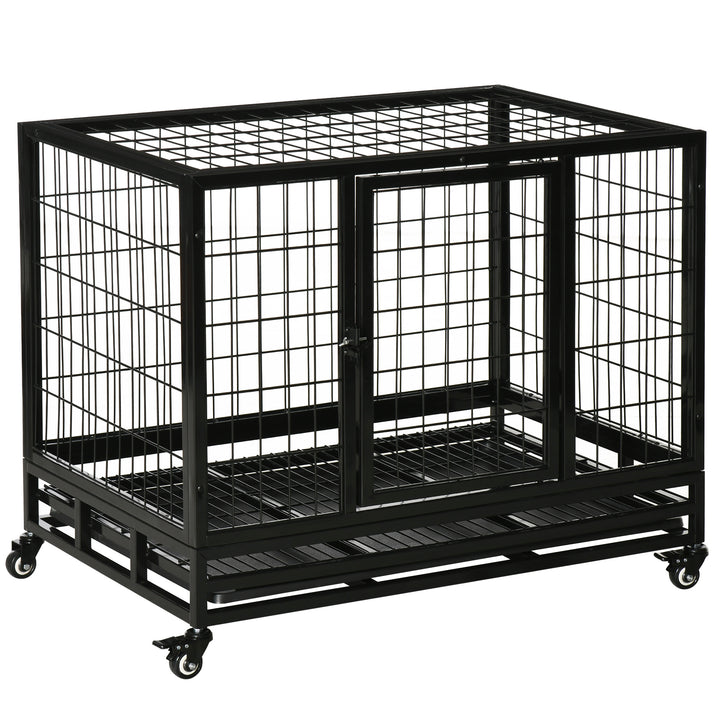 36" Heavy Duty Metal Dog Crate Pet Cage with Tray Wheeled Dog Kennel - Black (Medium)