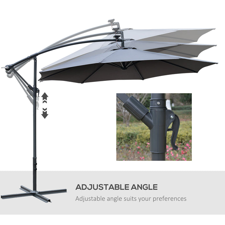 Outsunny LED Banana Parasol, 3m Garden Cantilever Umbrella with Solar Lights, Crank Handle & Cross Base, Grey