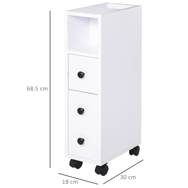 kleankin Slimline Bathroom Storage Unit w/ 2 Drawers 2 Open Compartments Wheels Handles Freestanding Compact Home Office Furniture White | Aosom UK