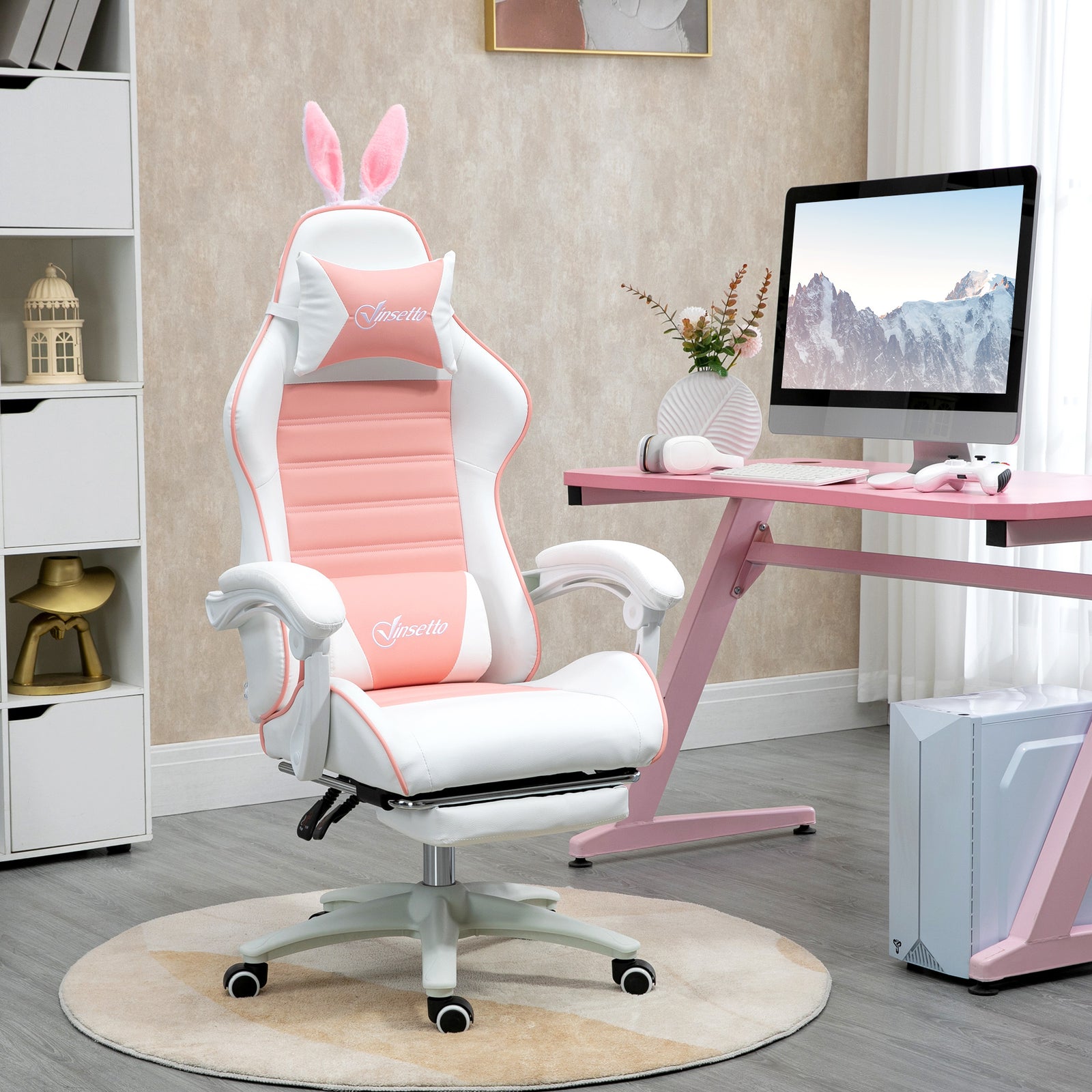 Racing Gaming Chair, Reclining PU Leather Computer Chair with Removable Rabbit Ears, Footrest, Headrest and Lumber Support, Pink