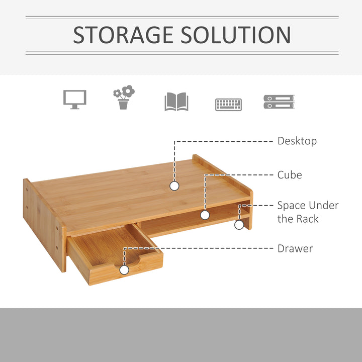 HOMCOM Laptop and Screen Stand PC Plinth Stand TV Computer Desktop Organiser W/Drawer Bamboo | Aosom UK