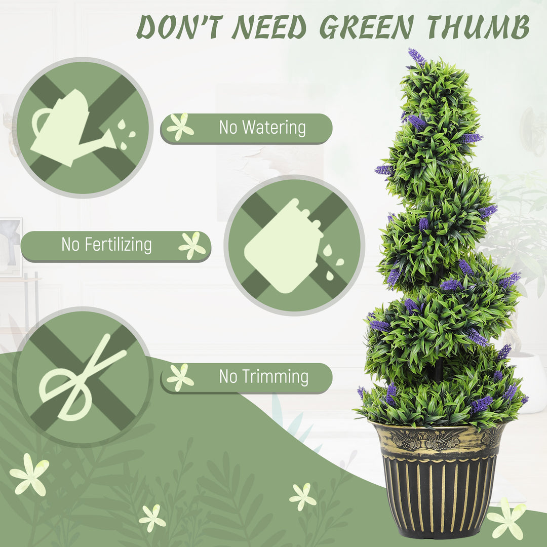 Set of 2 Decorative Artificial Plants, Boxwood Spiral Topiary Tree with Lavender and Pot, Fake Plants for Home Indoor Outdoor Decor, 90cm