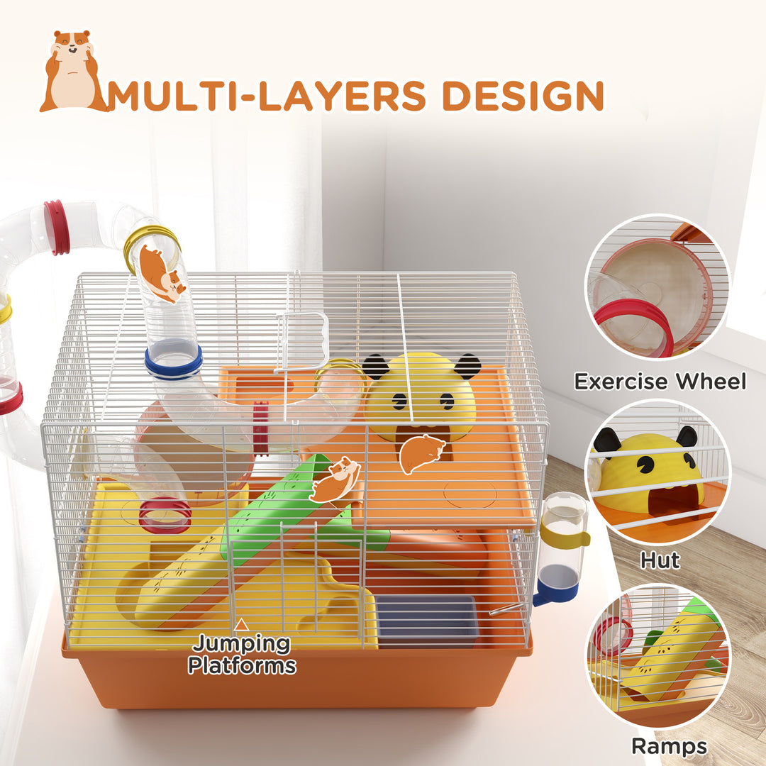 PawHut 3 Tiers Gerbil Cage, Hamster Cage with Tubes, Exercise Wheel, Ladder, Top Handle, 45 x 28 x 37cm - Orange | Aosom UK