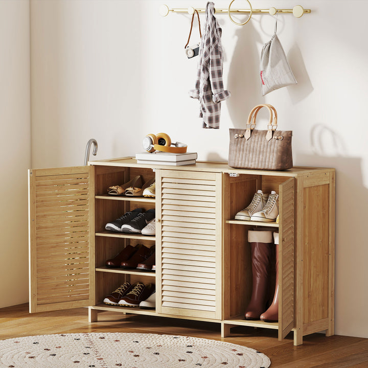Bamboo Shoe Cabinet with Louvered Doors, 18 Pairs Shoe Storage Cabinet