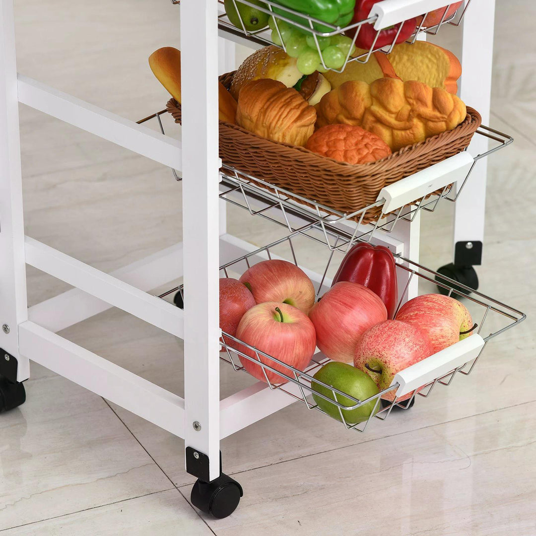 HOMCOM Drop-Leaf Kitchen Trolley w/ 3 Baskets Drawer Surface Top 6 Wheels Rolling Storage Unit Kitchen Home Dining Cart White Oak Tone | Aosom UK