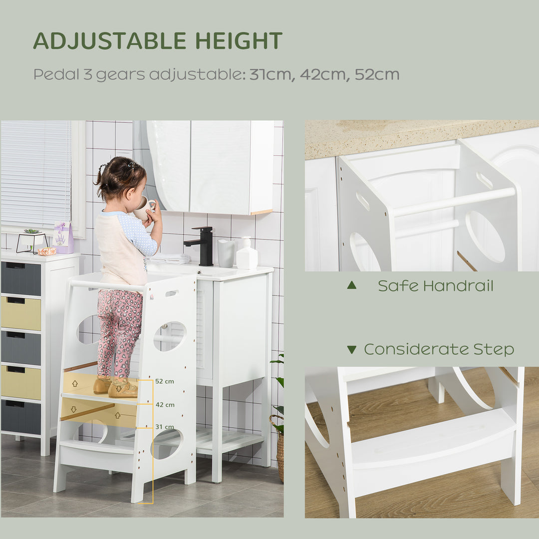 Toddler Step Stool Kids Adjustable Standing Tower with Safety Rail for Kitchen Counter White