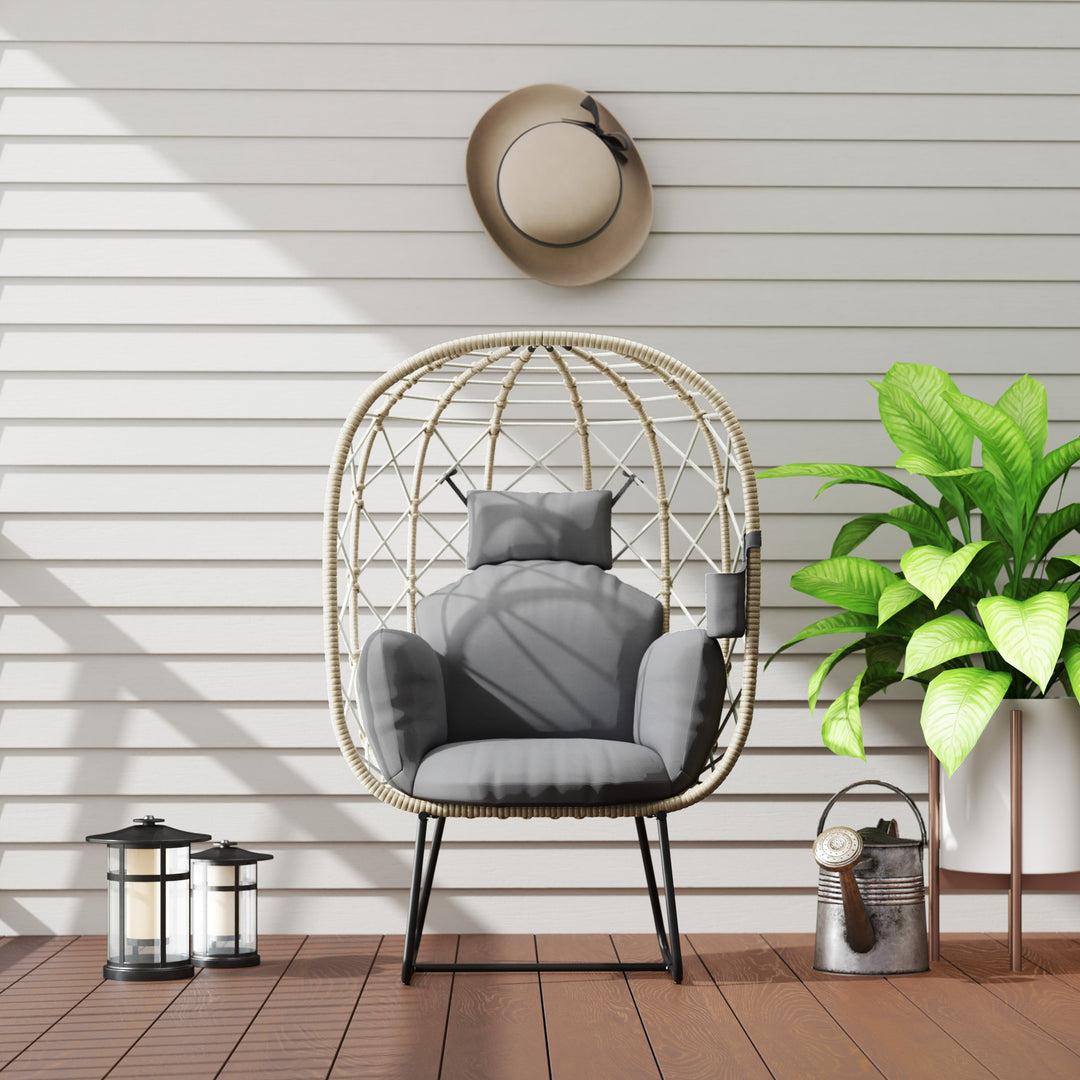 Rattan Egg Chair Outdoor Indoor Wicker Chair with Thickened Cushion and Headrest, Standing Garden Egg Chair with Cup Holder, Metal Frame for Patio, Balcony, Grey