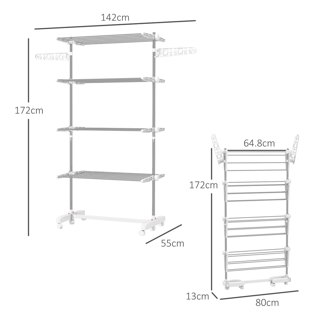 Four-Shelf Collapsing Clothes Horse, With Side Arms and Wheels - White