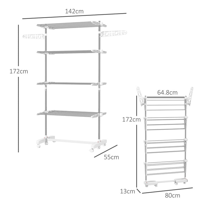 Four-Shelf Collapsing Clothes Horse, With Side Arms and Wheels - White