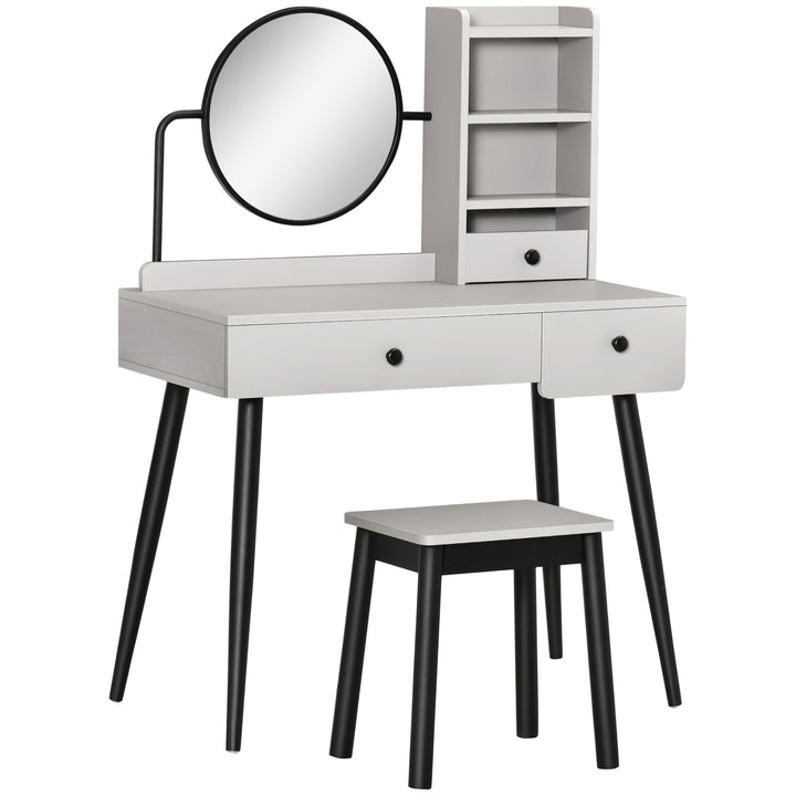 HOMCOM Dressing Table Set with Mirror and Stool, Vanity Makeup Table with 3 Drawers and Open Shelves for Bedroom, Living Room, Grey | Aosom UK