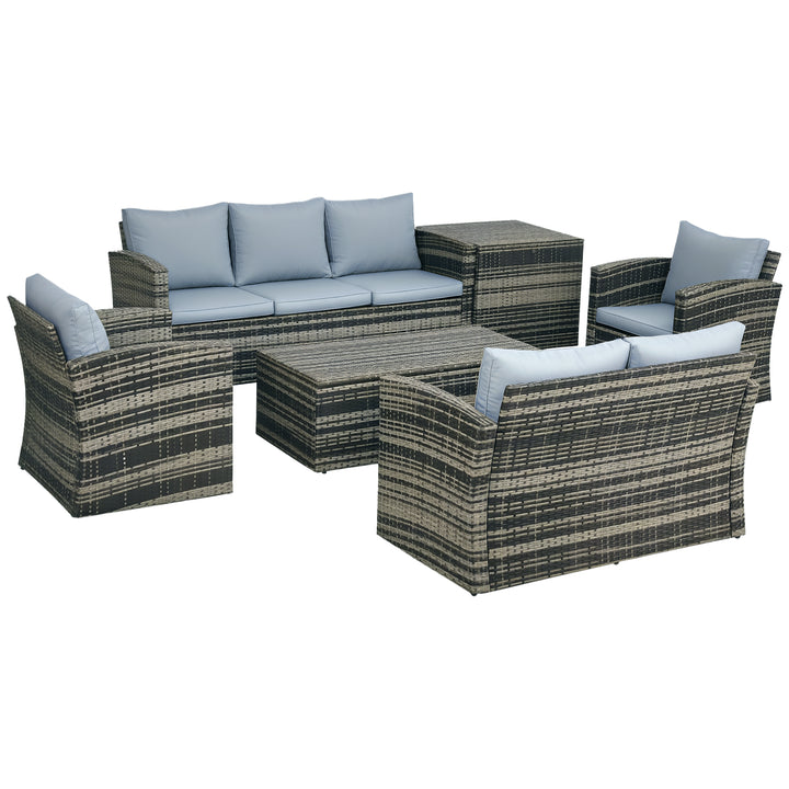 6 Pieces Rattan Garden Furniture Set, 7 Seater Wicker Outdoor Furniture Set with Storage Tea Table & Side Table, Sectional Garden Sofa Set with Cushions, Grey