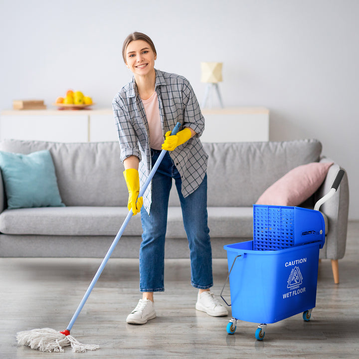 HOMCOM 20L Mop Bucket with Wringer and Handle, Mop Bucket on Wheels for Floor Cleaning, Separate Dirty and Clean Water, Blue | Aosom UK