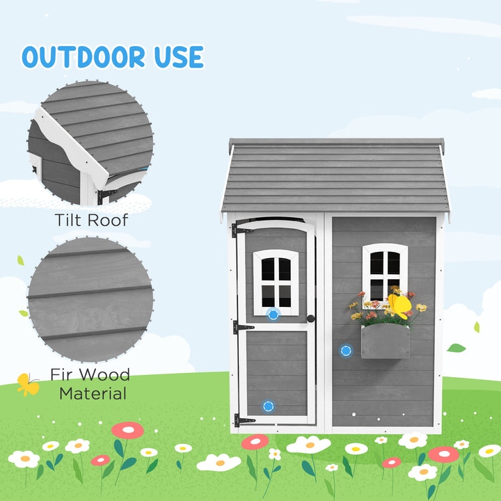 Wooden Playhouse for Kids with Doors, Windows, Plant Box, Floors, for Ages 3-8 Years, for Gardens, Lawns, Patios - Grey