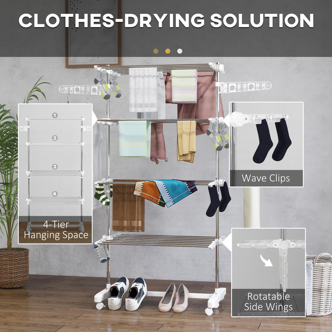 Four-Shelf Collapsing Clothes Horse, With Side Arms and Wheels - White