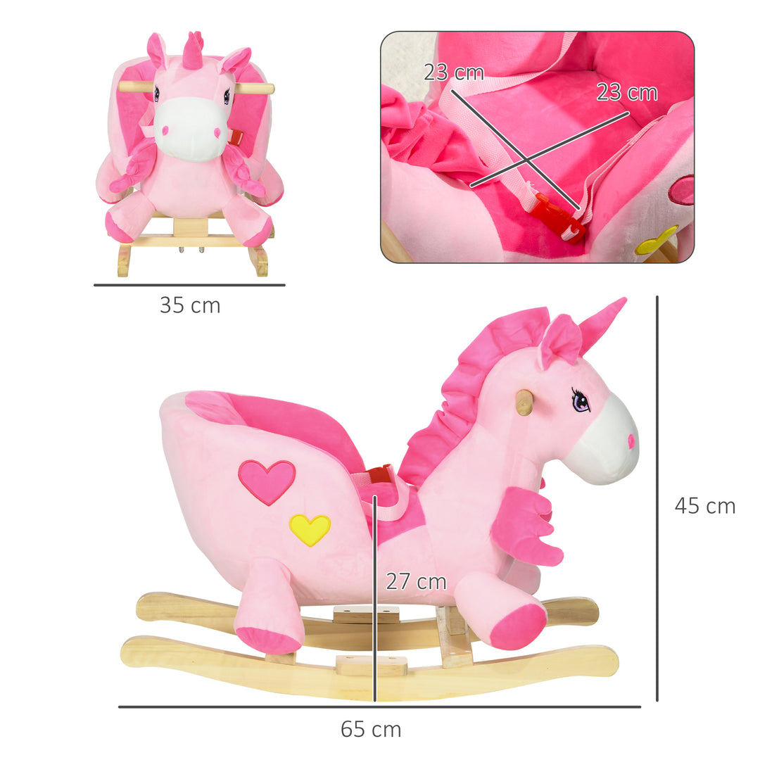 HOMCOM Kids Rocking Horse Ride on Unicorn with Songs, Wooden Base, Seat Belt, for 18-36 Months