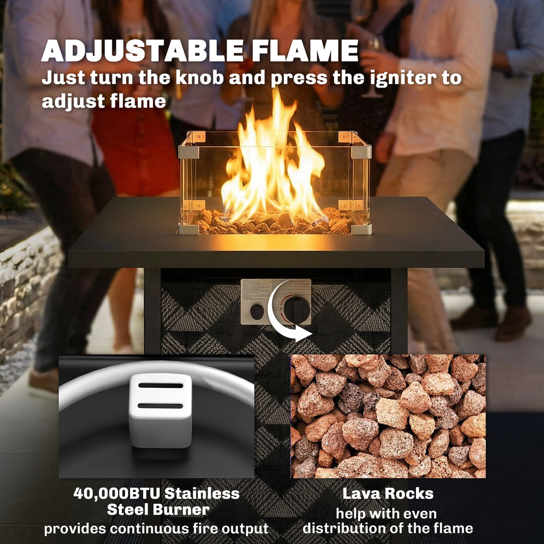 Square Propane Gas Fire Pit Table, 12 KW Firepit with Glass Wind Guard