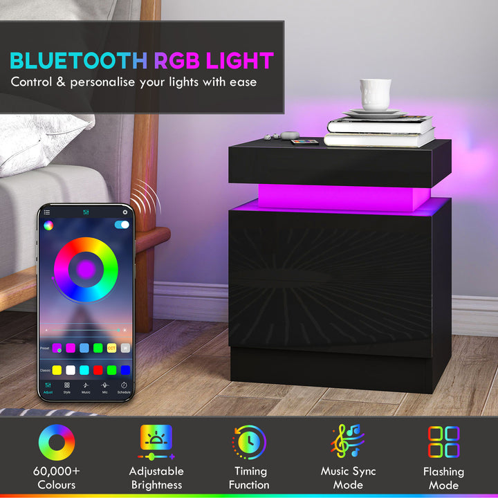 Black Bedside Table with LED Light, High Gloss Front Nightstand with 2