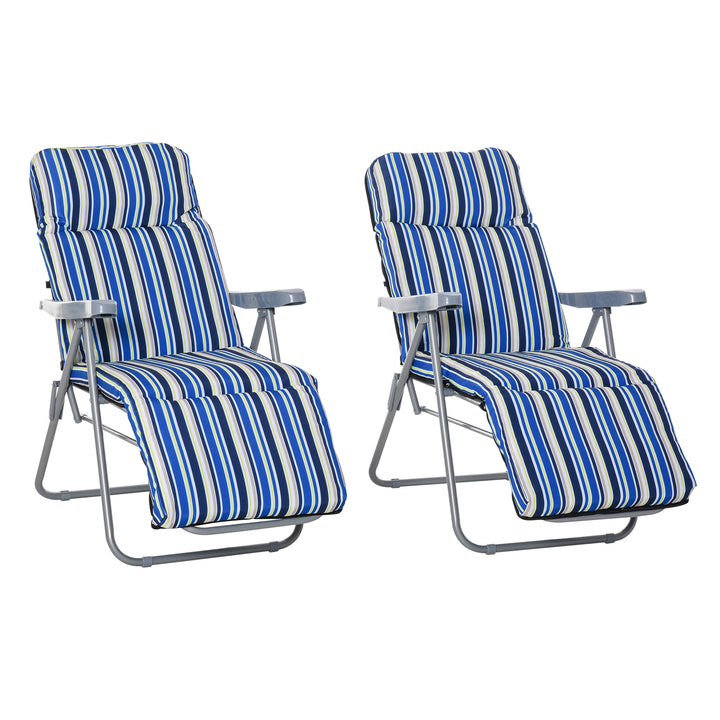Reclining Garden Chair Set of 2, 5-Level Adjustable Zero Gravity Chairs with Cushions, Folding Sun Lounger Garden Recliner Chairs with Armrests for Outdoor, Patio, Blue Stripe