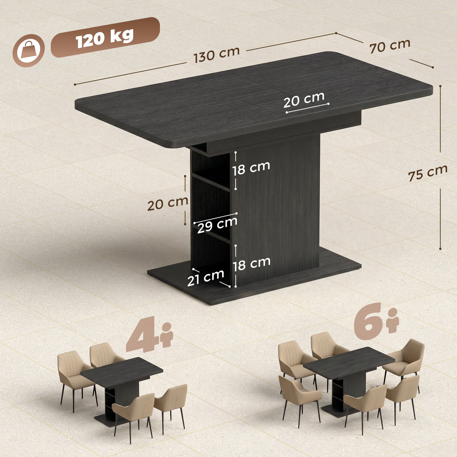 Extendable Dining Table for 4-6 People, 110-130cm Kitchen Table with 6