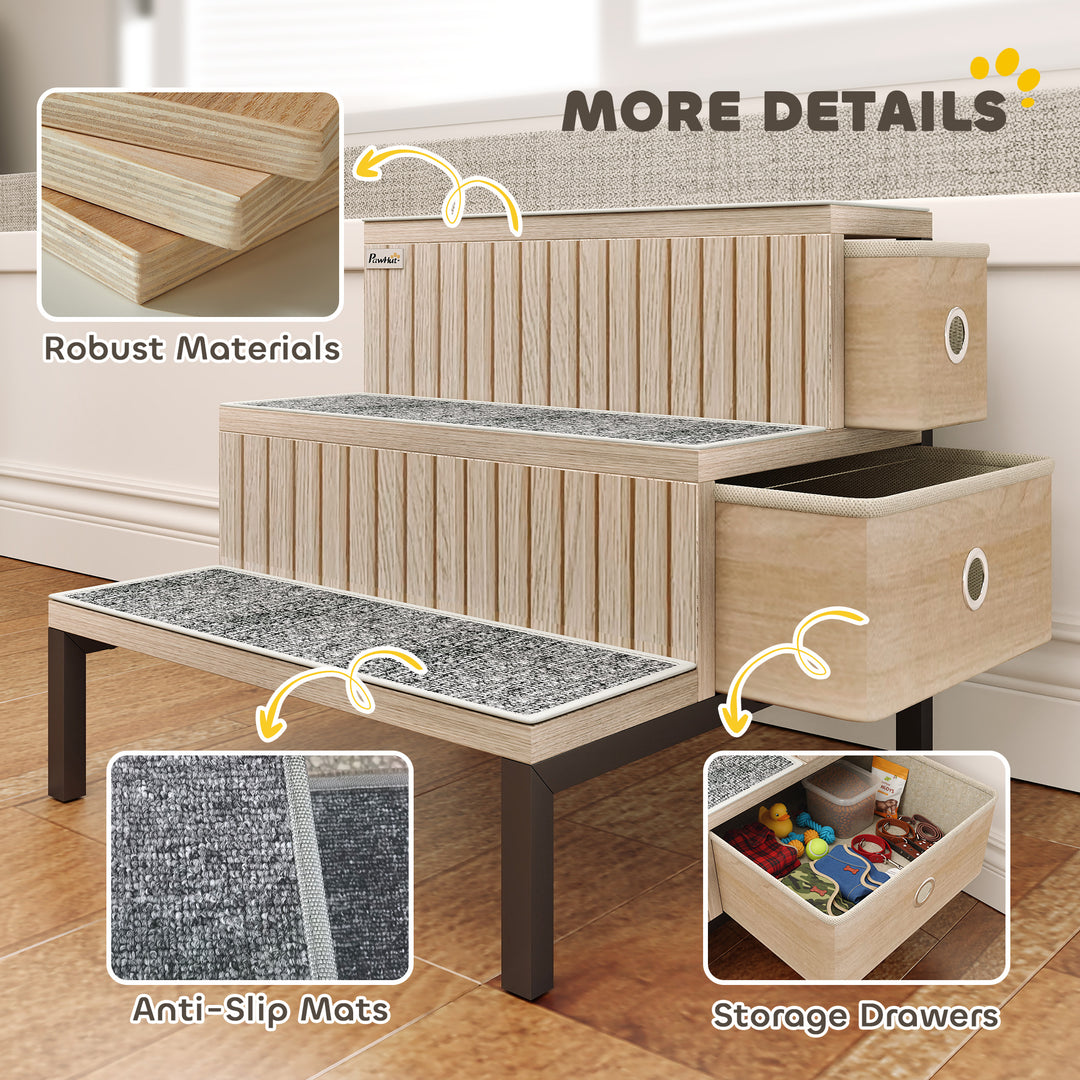 MCL Dog Stairs with Storage, Non-Slip Cover, Pet Steps for Small Dogs & Older Cats, for Sofa, High Bed, Oak Tone