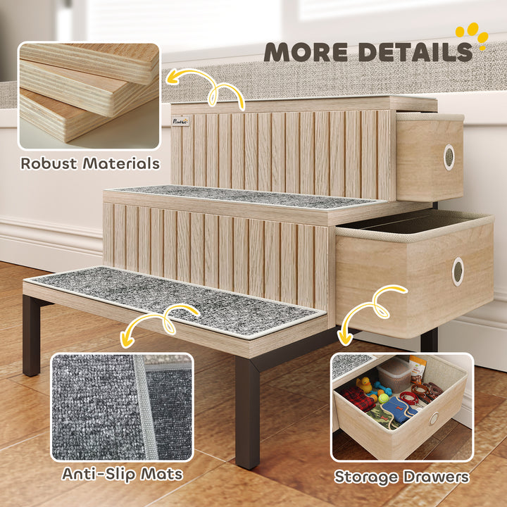 MCL Dog Stairs with Storage, Non-Slip Cover, Pet Steps for Small Dogs & Older Cats, for Sofa, High Bed, Oak Tone