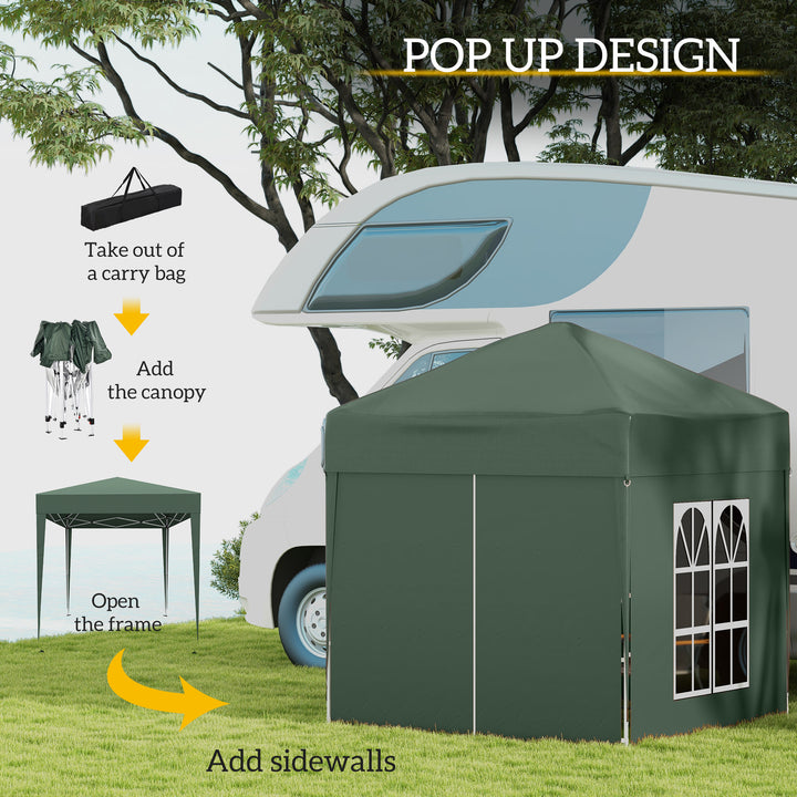2 x 2 m Garden Pop Up Gazebo, Wedding Party Tent Marquee, Water Resistant Awning Canopy with Sidewalls, Windows, Carry Bag, Green