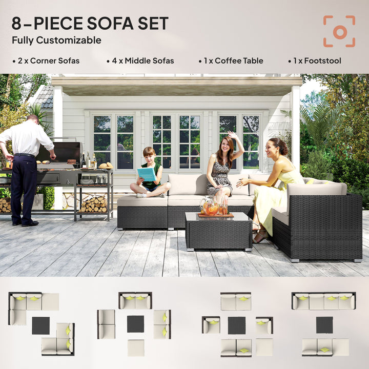 8 Piece Rattan Corner Sofa Set with Wide & Deep Seat, Assembled Aluminium PE Rattan Garden Furniture Set with Thick Cushions and Glass Top Table for Outdoor, Conservatory, Black