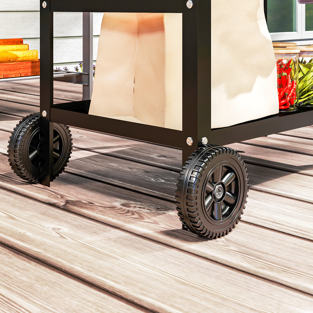 BBQ Trolley with Stainless Steel Top Adjustable Shelf, Outdoor Kitchen BBQ Station with Hooks Seasoning Tray Towel Rack, Pizza Oven Table Movable Outdoor Grill Dining Cart with Cover, Black