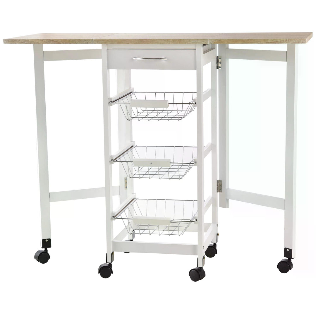 HOMCOM Drop-Leaf Kitchen Trolley w/ 3 Baskets Drawer Surface Top 6 Wheels Rolling Storage Unit Kitchen Home Dining Cart White Oak Tone | Aosom UK