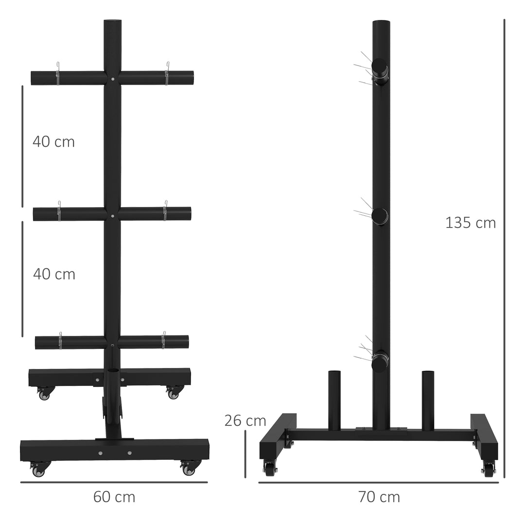 SPORTNOW Weight Rack for Olympic Weight Plate, 3 Tier Weight Tree for 2 inch Plates & Bars, Weight Organizer Stand w/ 4 Wheels | Aosom UK