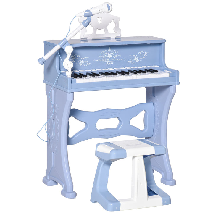 37 Keys Kids Piano Mini Electronic Keyboard Light Kids Musical Instrument Educational Game Children Grand Piano Toy Set w/Stool & Microphone & Music Stand (Blue)