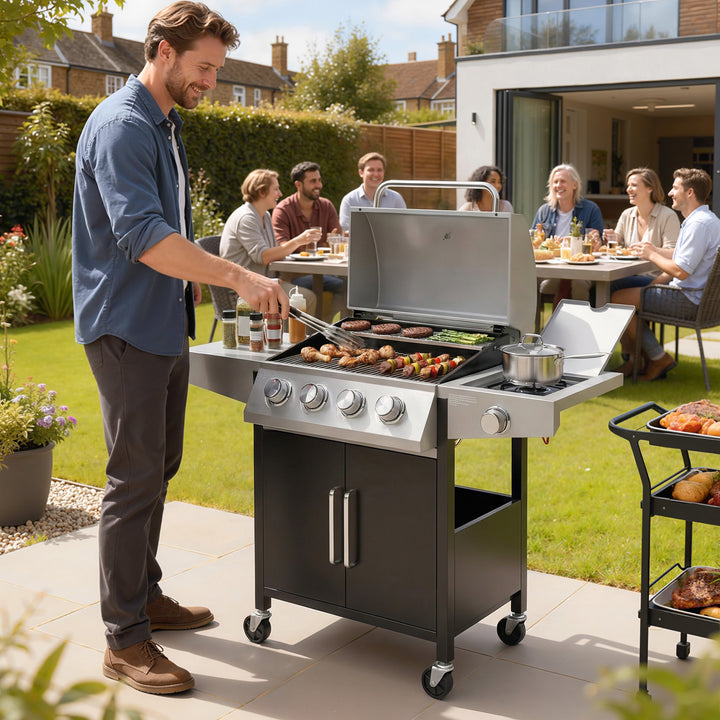 4+1 Burner Gas BBQ Grill with Side Burner, 14.5 kW Steel Portable Gas 