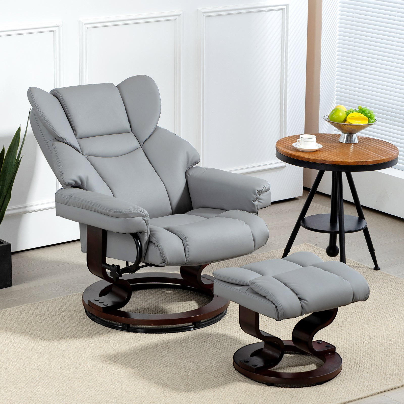360° Swivel Recliner Chair with Footstool, PU Leather Manual Recliner Armchair with Solid Wood Base, Upholstered Reclining Chair for Living Room, Bedroom, Office, Light Grey