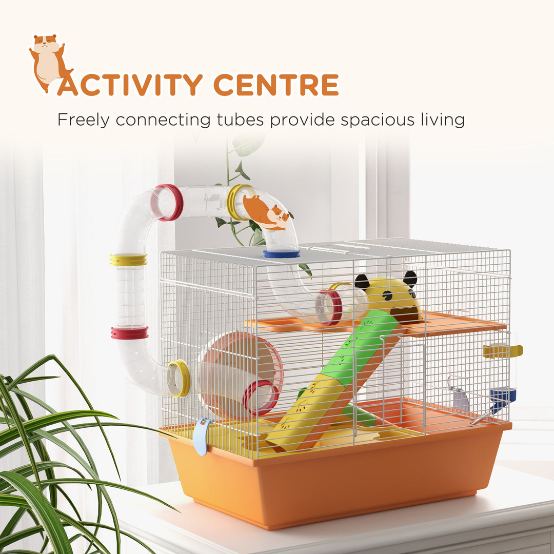 PawHut 3 Tiers Gerbil Cage, Hamster Cage with Tubes, Exercise Wheel, Ladder, Top Handle, 45 x 28 x 37cm - Orange | Aosom UK