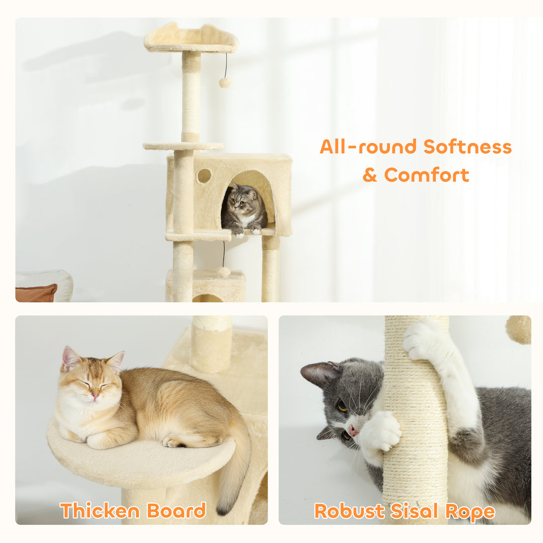 MCL 180cm Large Cat Tree Tower with Sisal Scratching Posts, Condos, Plush Perches, Hammock, Ladder, Beige