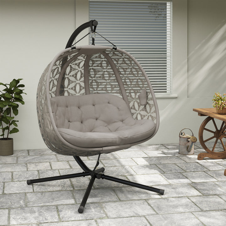Outdoor Double Hanging Chair with Cushion and Cup Holders, Sand Brown